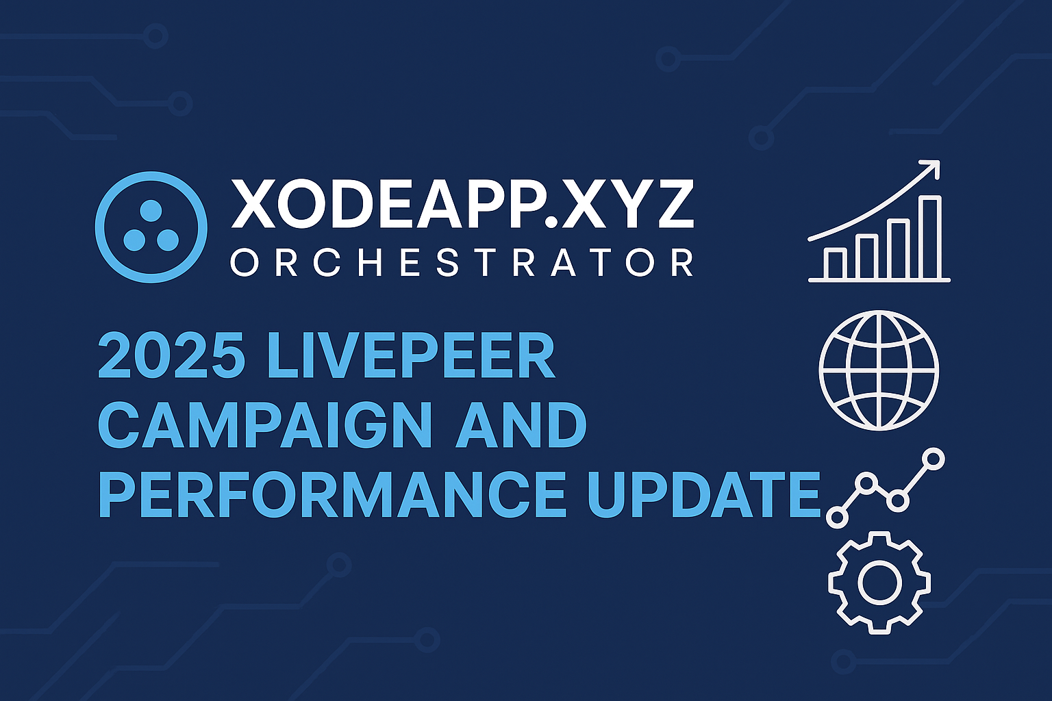Banner image for the Xodeapp.xyz Orchestrator 2025 Livepeer Campaign and Performance Update. The design features a dark blue tech-inspired background with circuit lines, the Xodeapp.xyz logo on the left, and icons representing data growth, global reach, and engineering performance on the right.